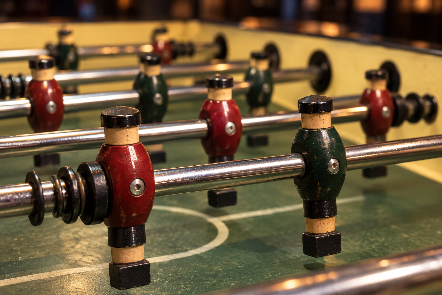 Close-up van traditionele rode en groene houten tafelvoetbalmannetjes op een Belgische tafel